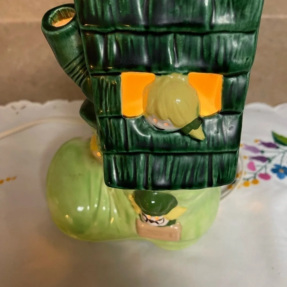 Vintage Boot Nursery Lamp Green Ceramic Works Old Woman Who Lives In A Shoe.